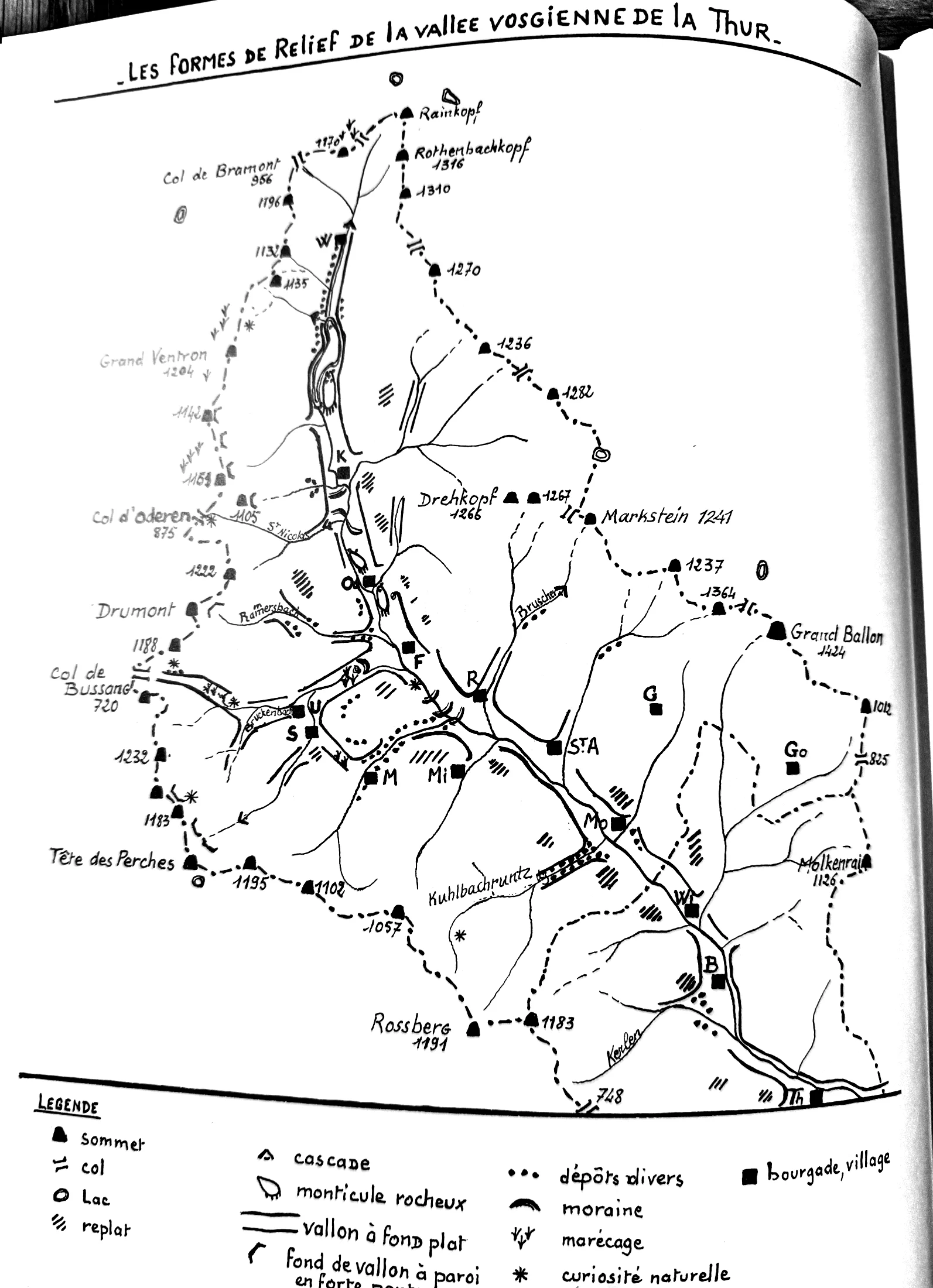 Carte dessinée à la main : « Les formes de relief de la vallée vosgienne de la Thur », avec sa légende