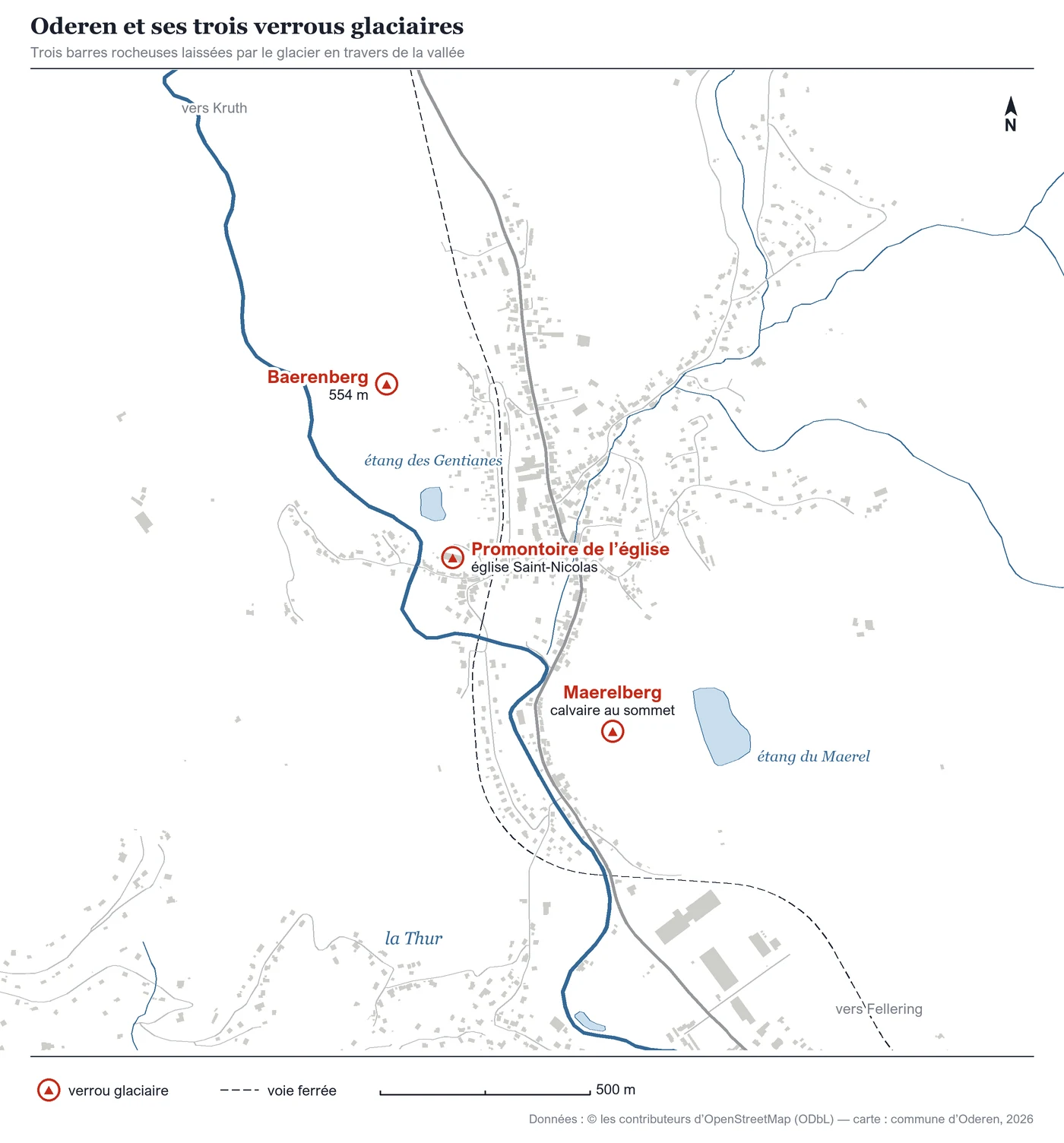 Carte d’Oderen situant le Baerenberg, le promontoire de l’église et le Maerelberg, le long de la Thur