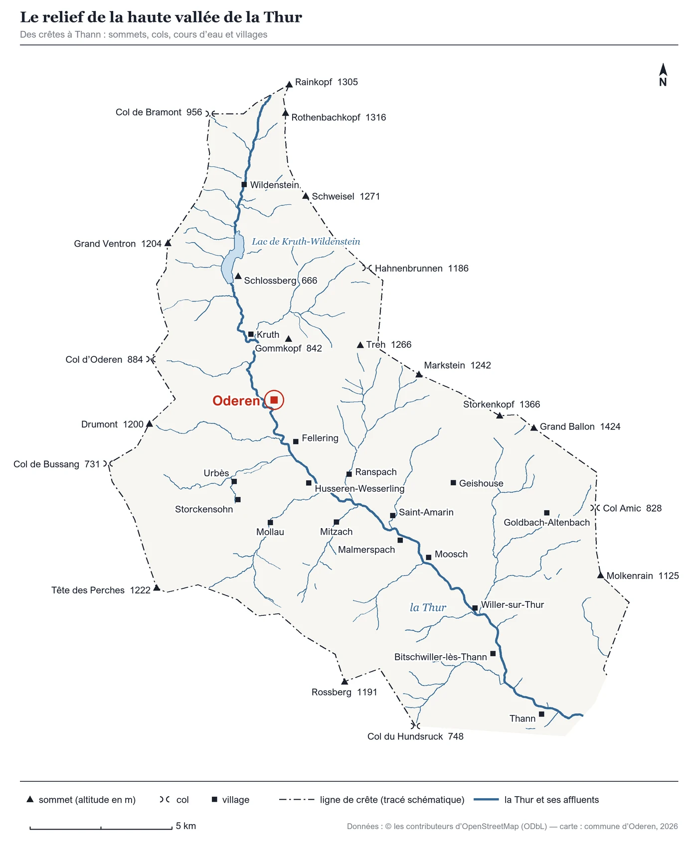 Carte de la haute vallée de la Thur, du Rainkopf à Thann : ligne de crête, sommets, cols, cours d’eau et villages