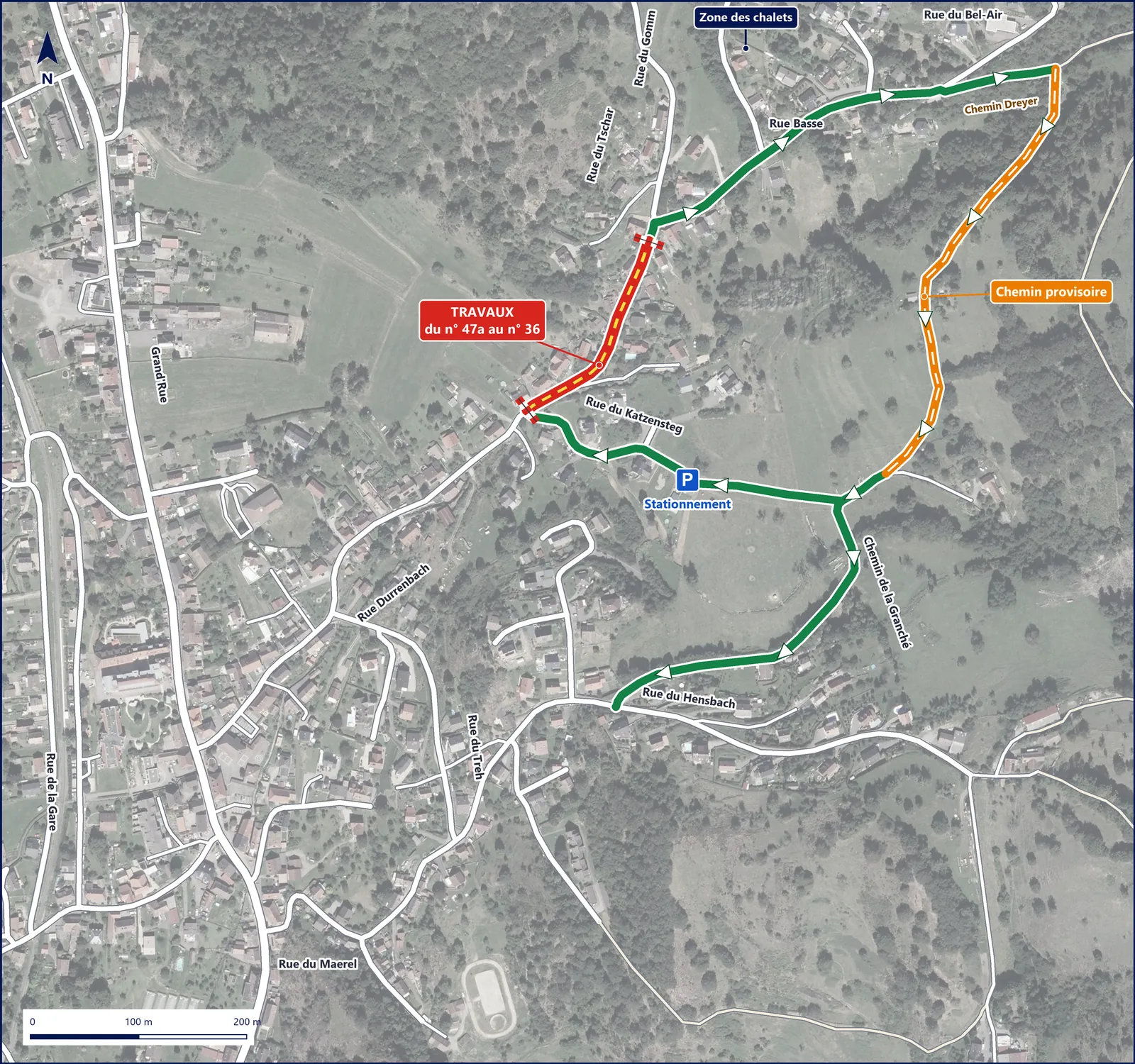 Carte de la tranche 1 : rue Durrenbach fermée du n° 47a au n° 36, déviation par le chemin provisoire vers la rue du Katzensteg ou le chemin de la Granché