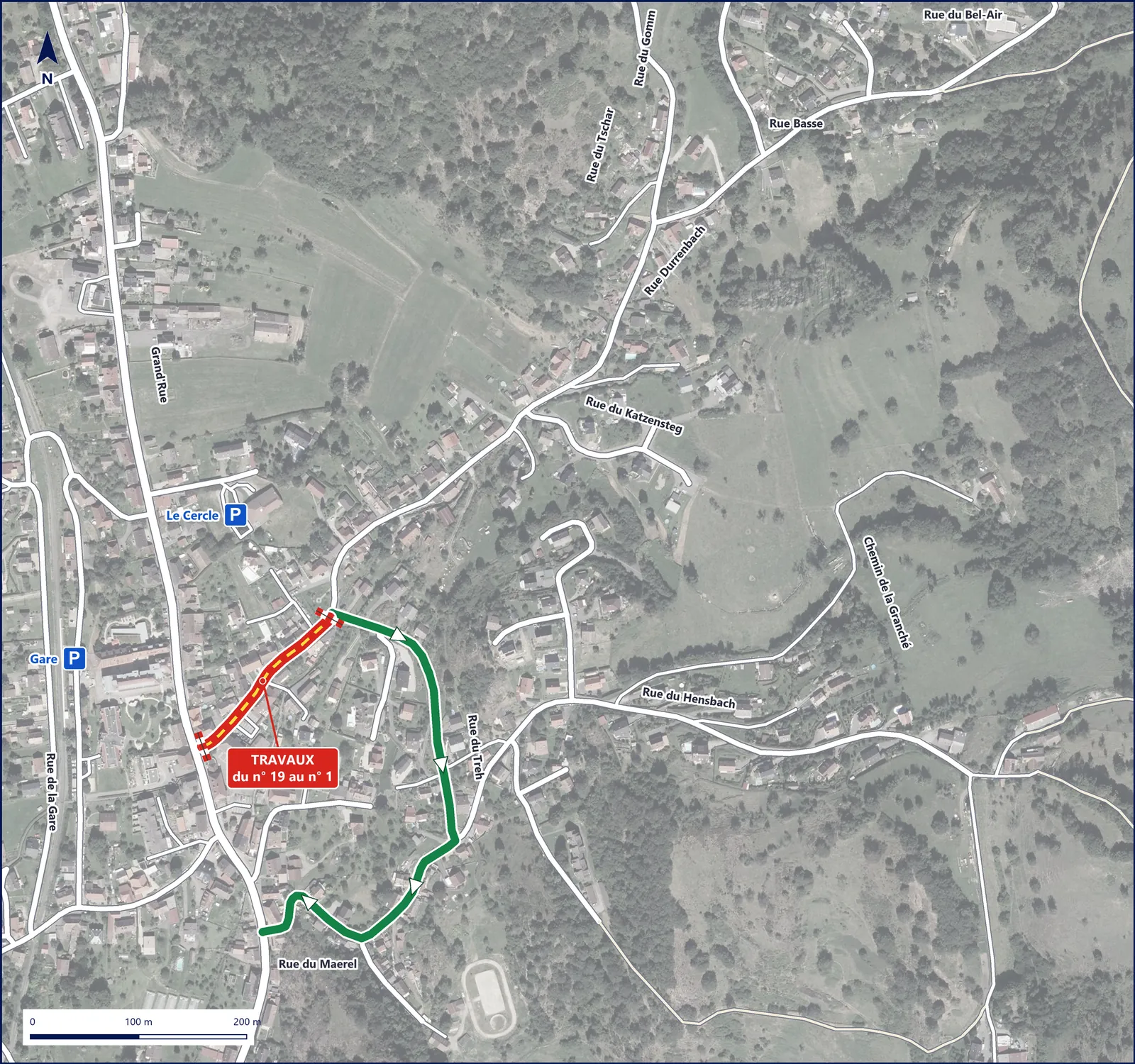 Carte de la tranche 3 : rue Durrenbach fermée du n° 19 au n° 1, déviation par la rue du Treh puis la rue du Maerel jusqu’à la Grand’Rue