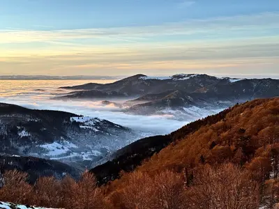 Mer de nuages sur les vallées au lever du soleil, vue depuis les crêtes près du Markstein, forêt dorée au premier plan