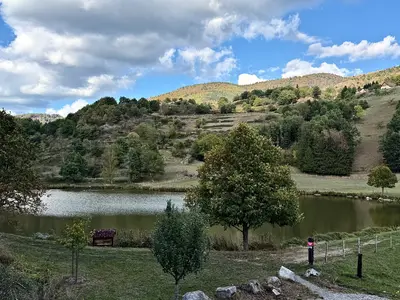 L’étang du Maerel vu du chemin d’accès, entouré d’arbres, au pied des versants